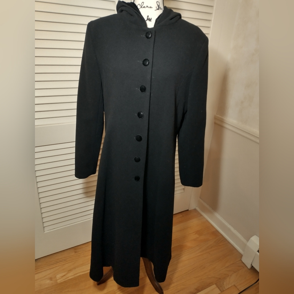 J G Hook 100% Wool Elegant Black Hooded Coat, Waist Defining, Maxi, Size L